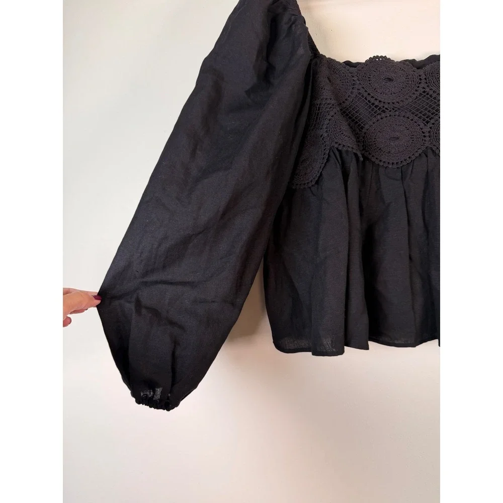 Free People Black Crochet Lace Inset Square Neck Puff Sleeve Babydoll Blouse L